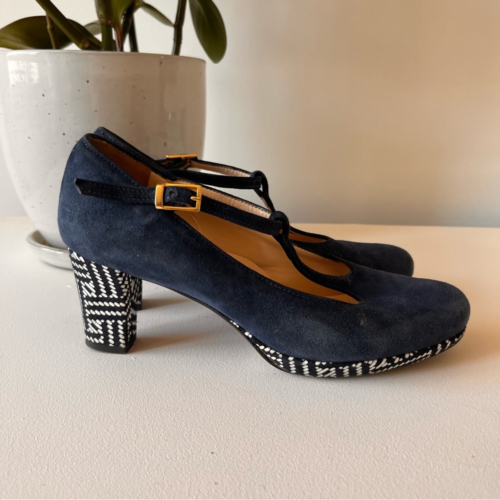 Chic Blue Suede T-Strap Heels with Geometric Pattern